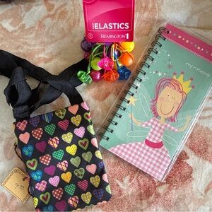 Fun little girls LOT. Cross body Bag with Heart Design, Hairbands, Notebook